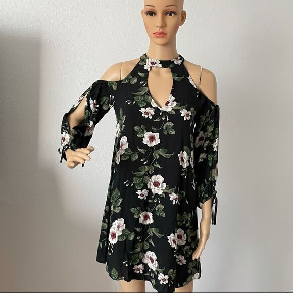 NWT American Eagle Cold Shoulder CutOut Long Sleeve Floral Dress Halter Neck XXS - Picture 1 of 15